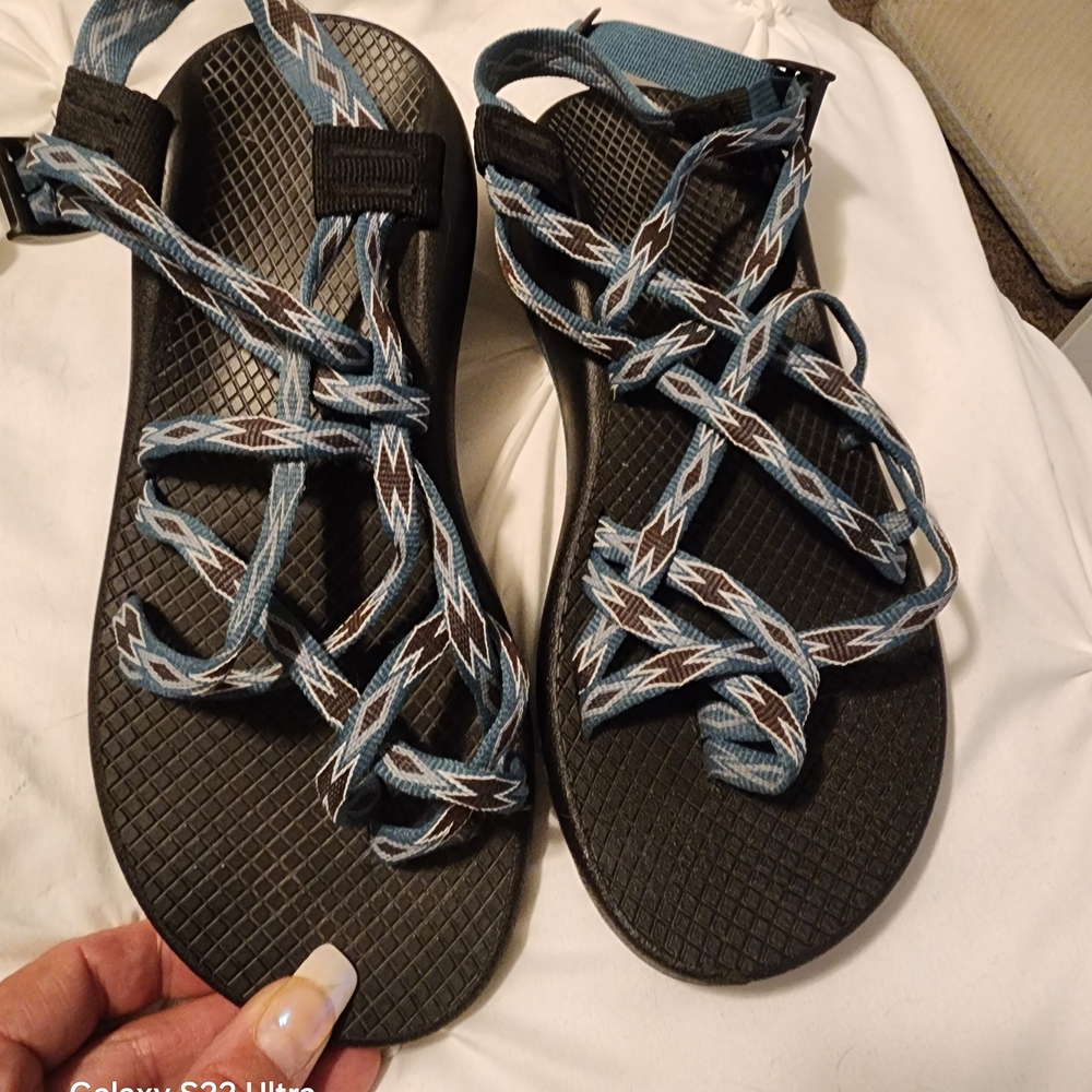 Chaco Sandals with Black and Blue Zigzag Design